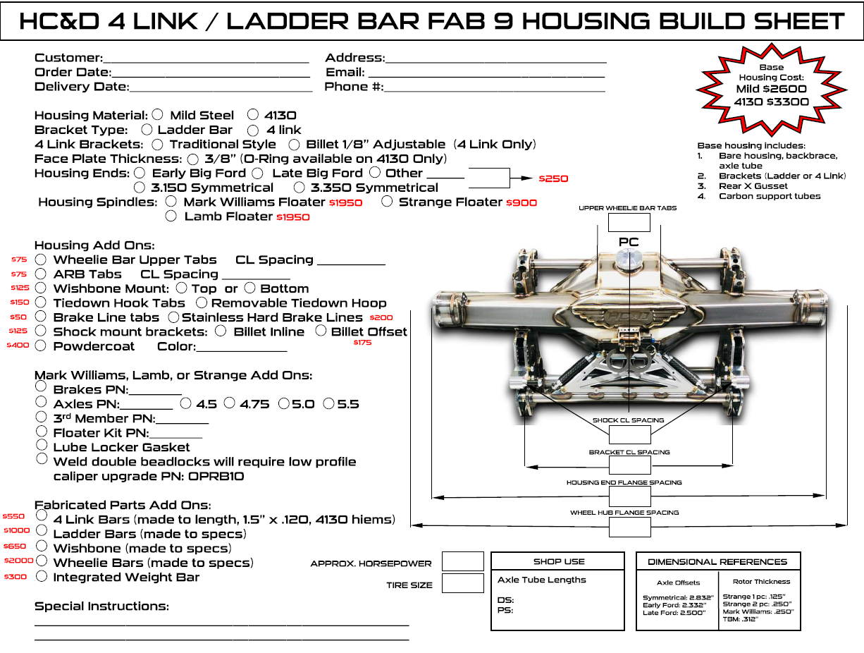 Custom Built FAB 9 4 Link / Ladder Bar Housing