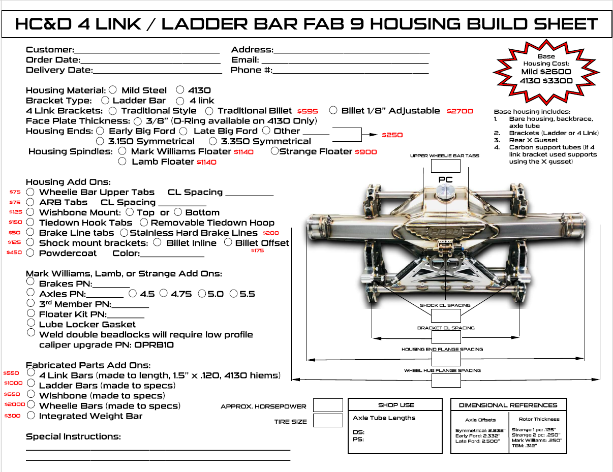 Custom Built FAB 9 4 Link / Ladder Bar Housing
